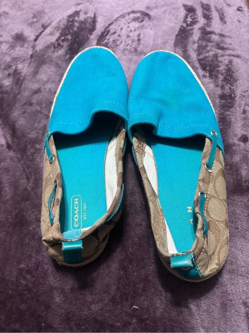 Coach women’s Slip-On Moccasins in Teal and Brown Signature Canvas